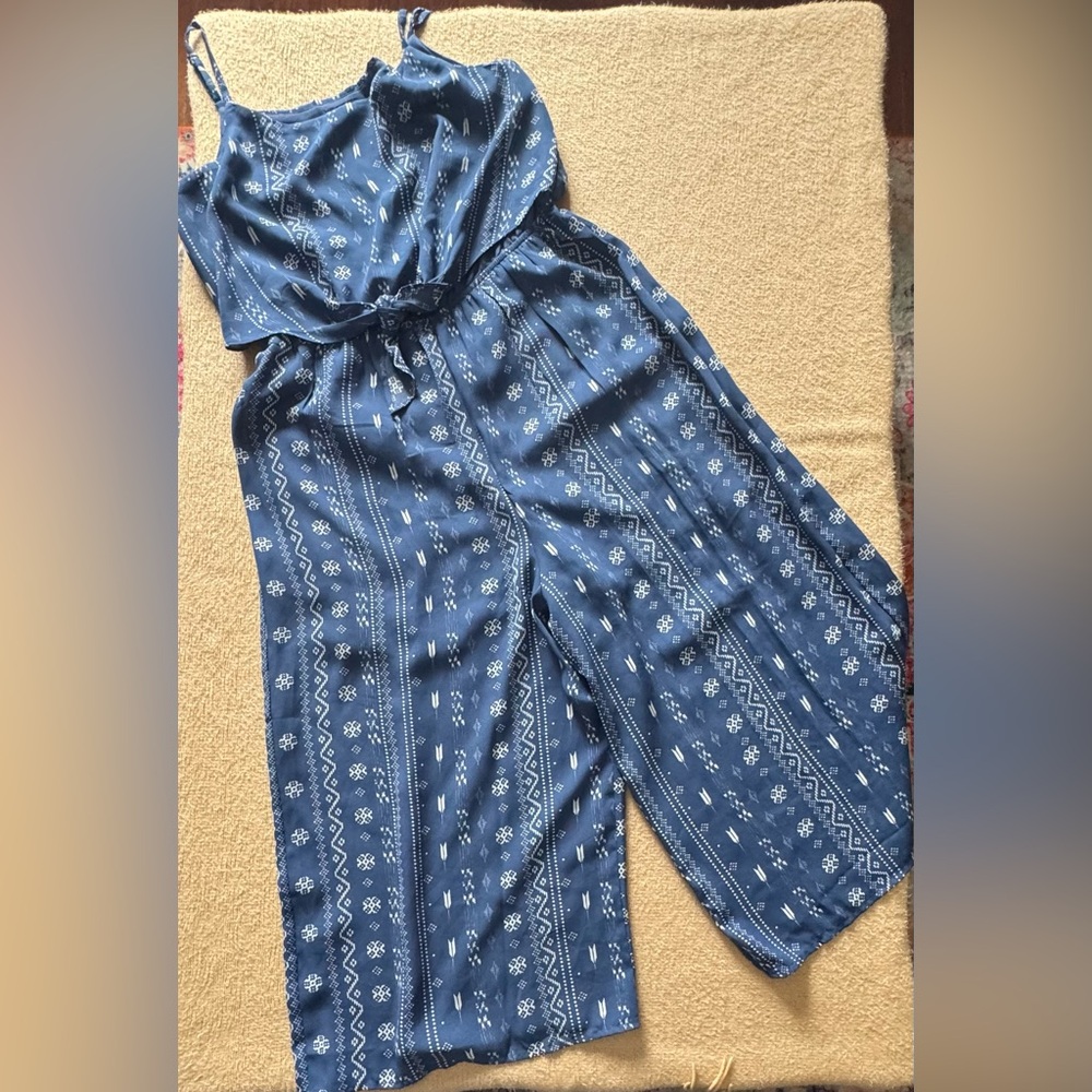 As U Wish Navy Patterned Cropped Jumpsuit